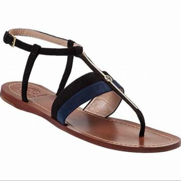 Tory Burch BAR LOGO flat sandal Lancaster Suede Navy & Black with Gold hardware - Picture 1 of 9